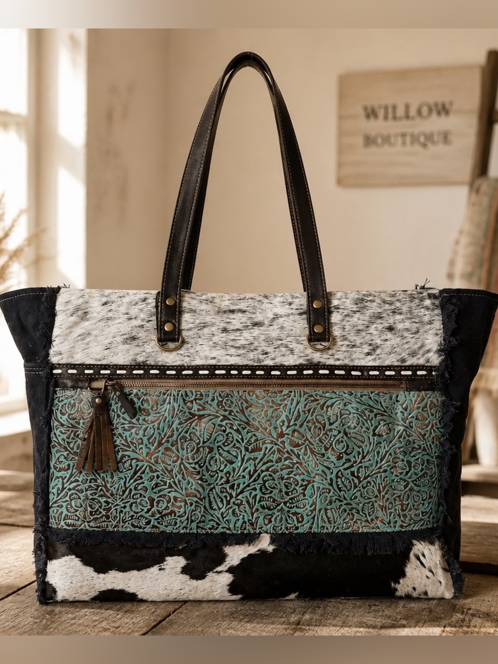 Myra Sea Grass Cowhide Weekender Bag XL Travel Duffel Western Boho Leather Tote
